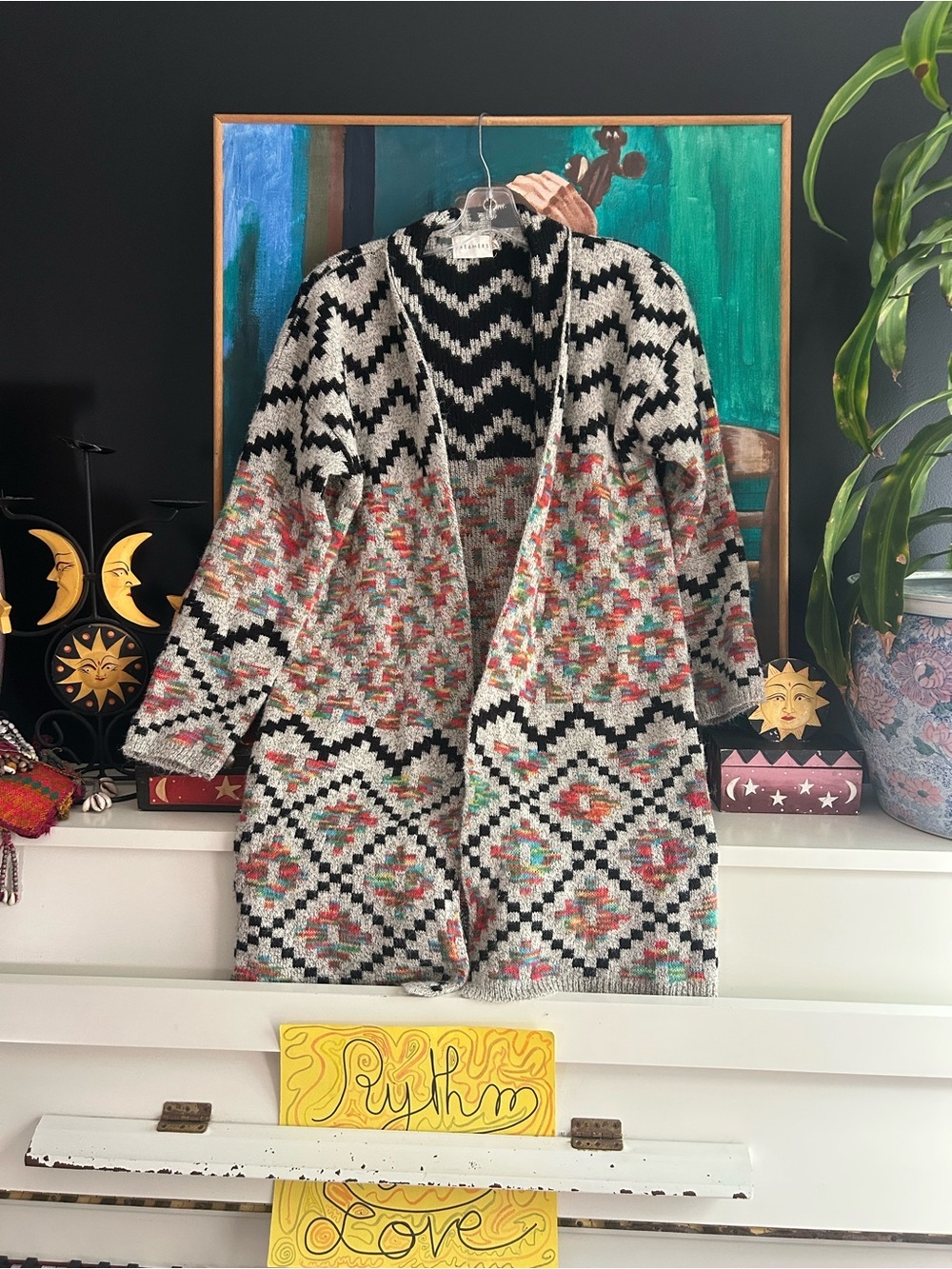 Dreamers Aztec Tribal Open Front Long Cardigan Sweater Boho Women’s M/L Gray
